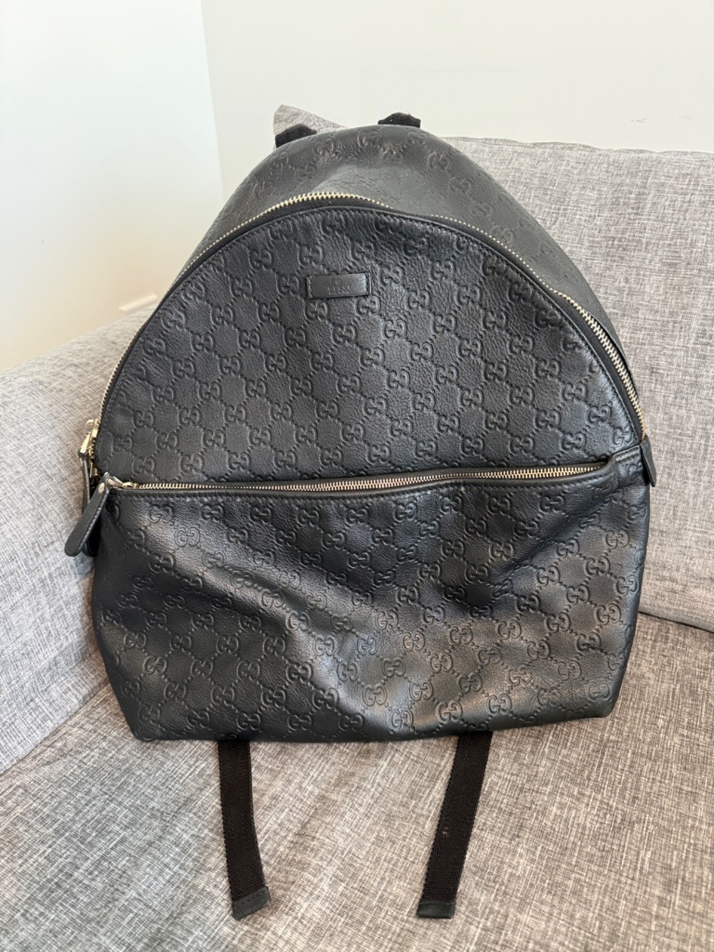 Gucci Black Leather Backpack-Embossed with Gold Hardware